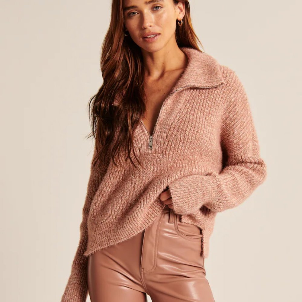 Abercrombie polo sweater knit soft cozy pink long sleeve collared half zip